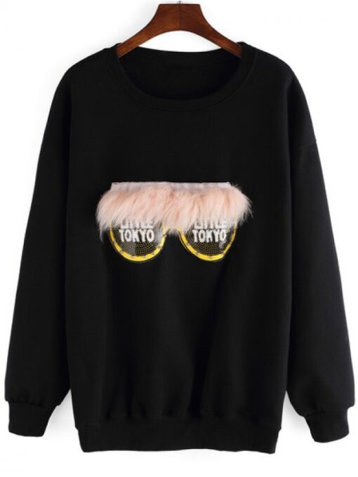 Black Round Neck Eye Patterned Sweatshirt ZNF08