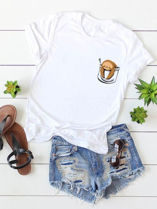 Cartoon Print Roll Cuff Tee ZNF08