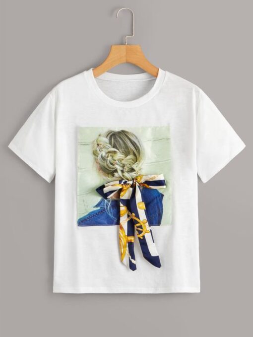 Figure Print Tie Front T-Shirt ZNF08