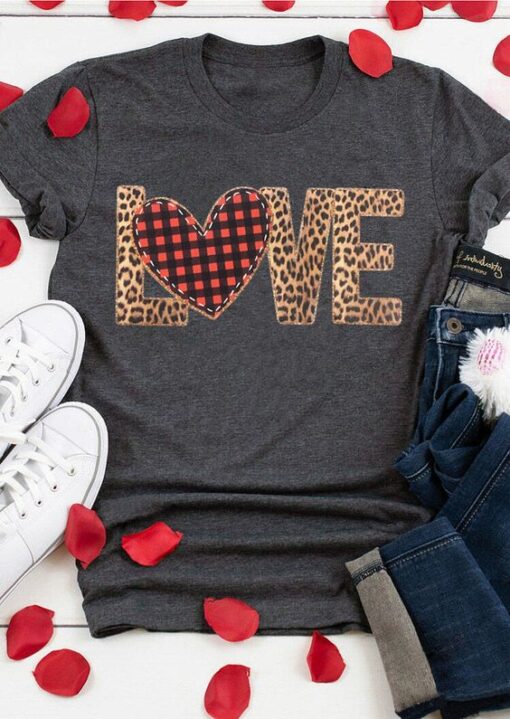 Valentine Plaid Leopard Printed Love Heart T-Shirt ZNF08