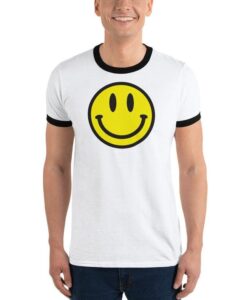 Vintage Smiley Face T-shirt, Yellow House Rave Music, Men Women Unisex Adult Emoji Shirt Gift Ringer T-Shirt